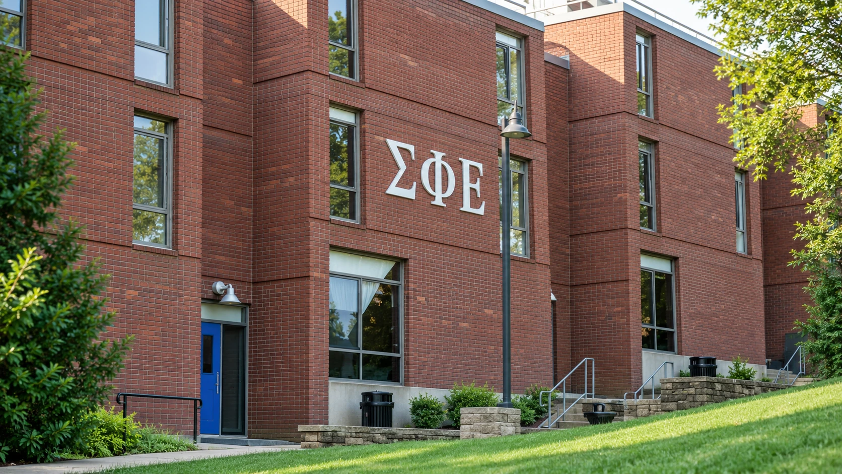 White acrylic Sigma Phi Epsilon letters on a brick wall