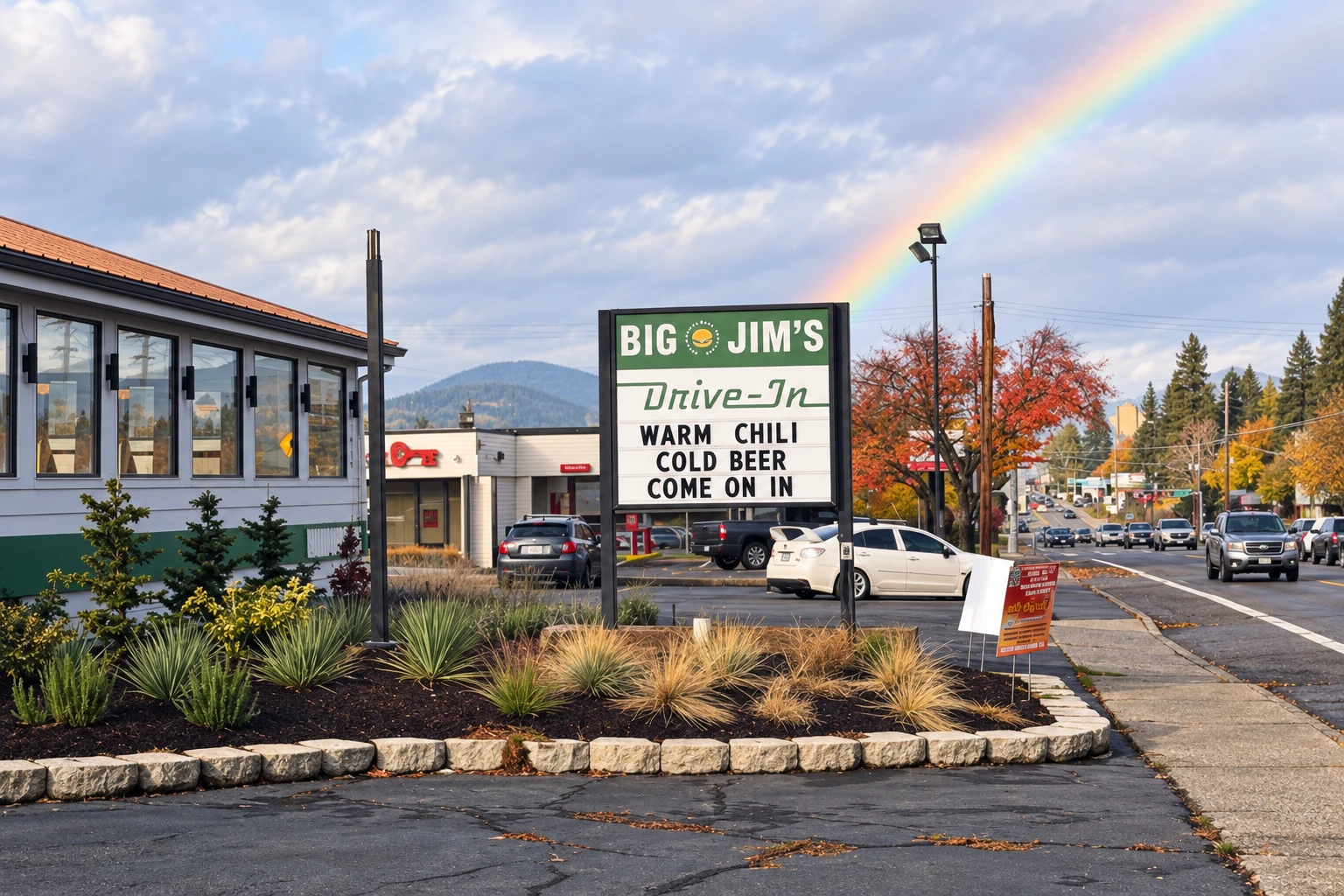 Big Jim’s Drive-In sign with changeable letters advertising warm chili and cold beer beside a neighborhood road