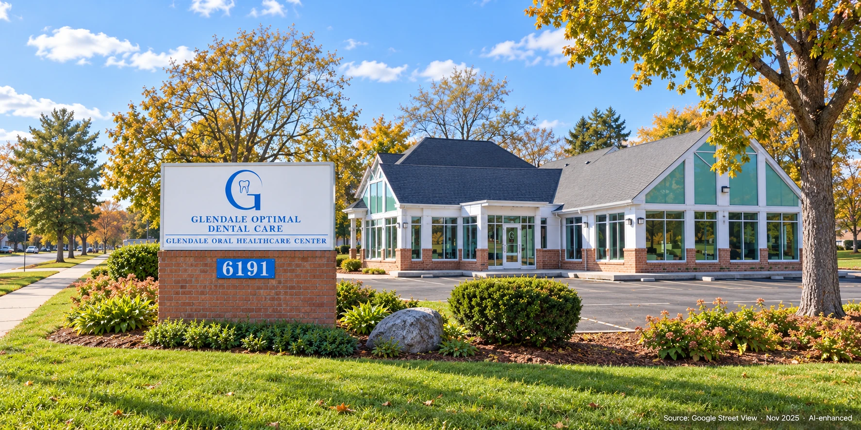 Glendale Optimal Dental Care cabinet sign on its brick monument base, with the dental practice behind it