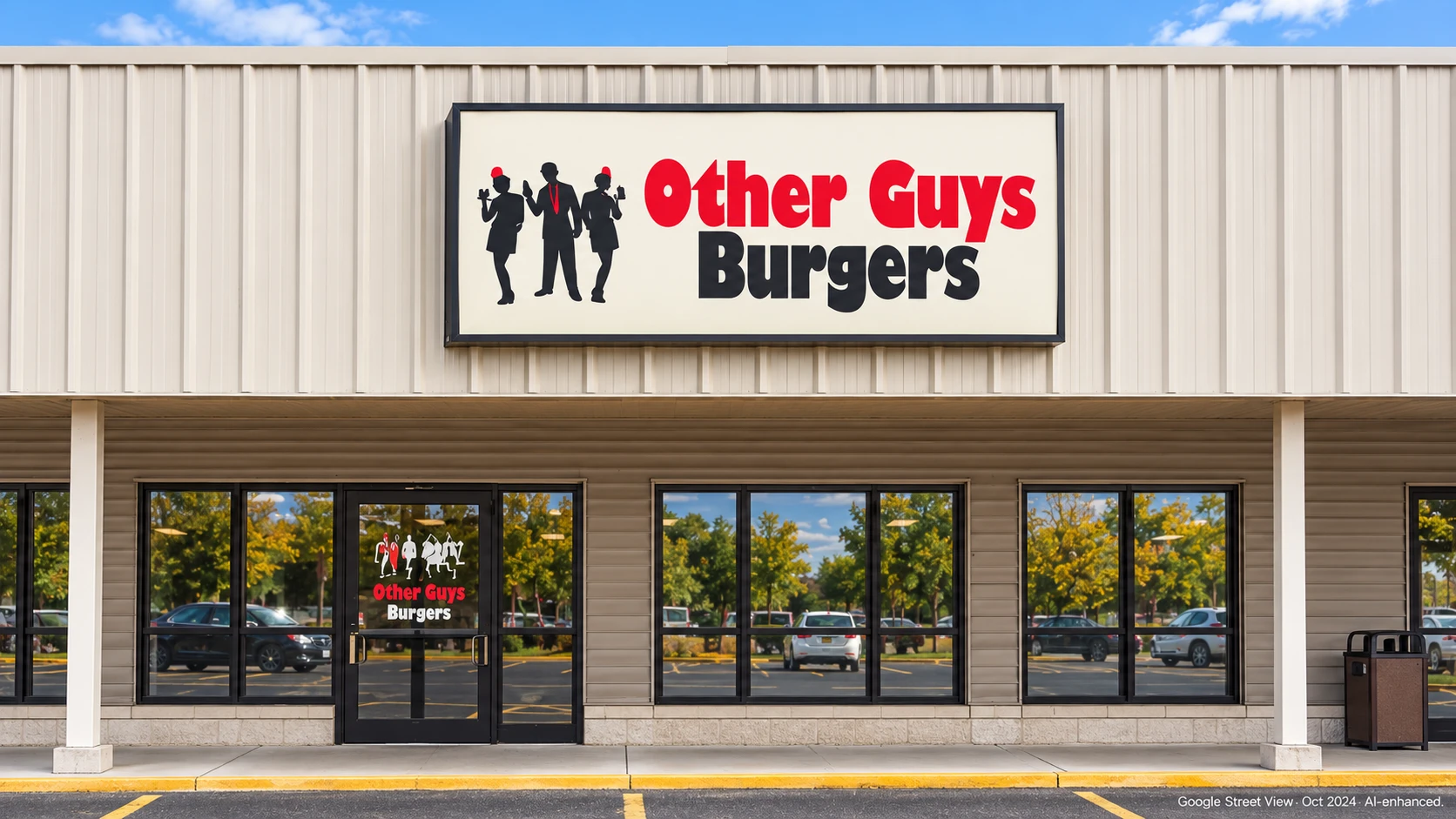 Other Guys Burgers wall-mounted cabinet with a flat white polycarbonate face inside its black frame