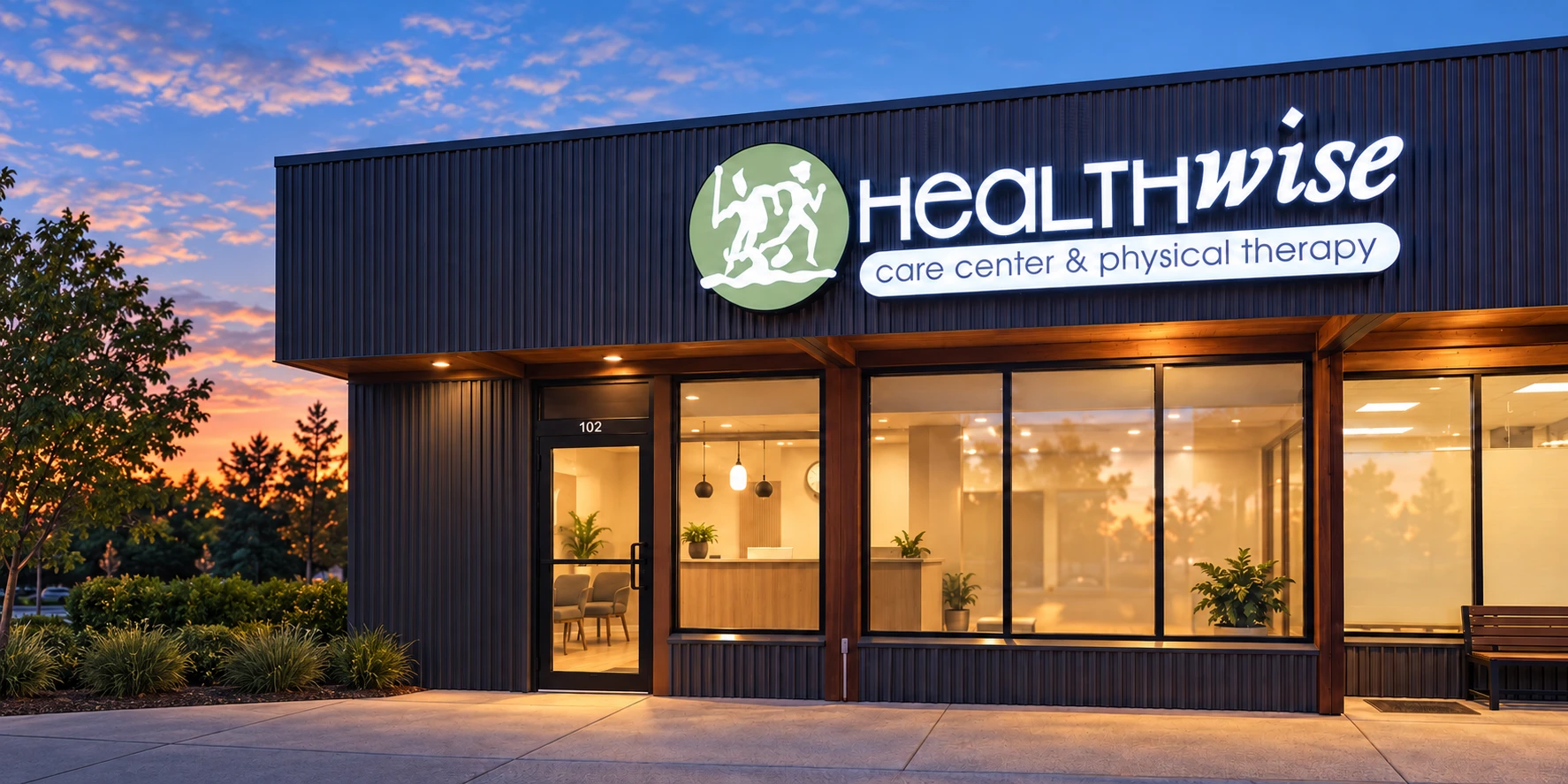 Healthwise illuminated lettering, circular logo and light capsule at night