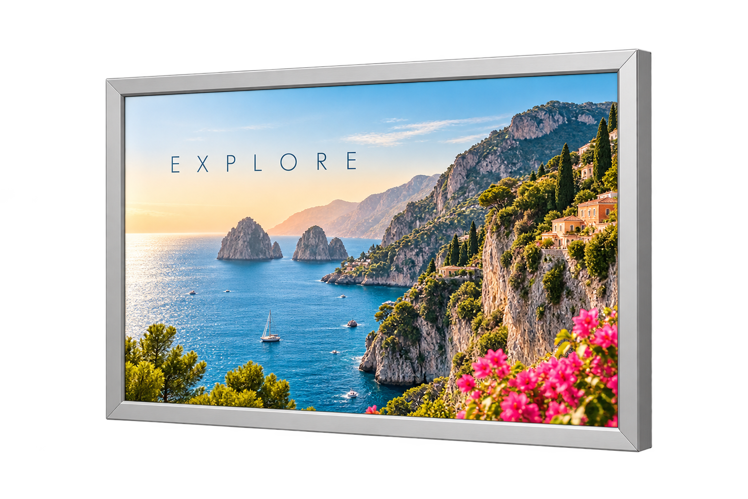 Silver double-sided light box with coastal travel artwork, AI visualization