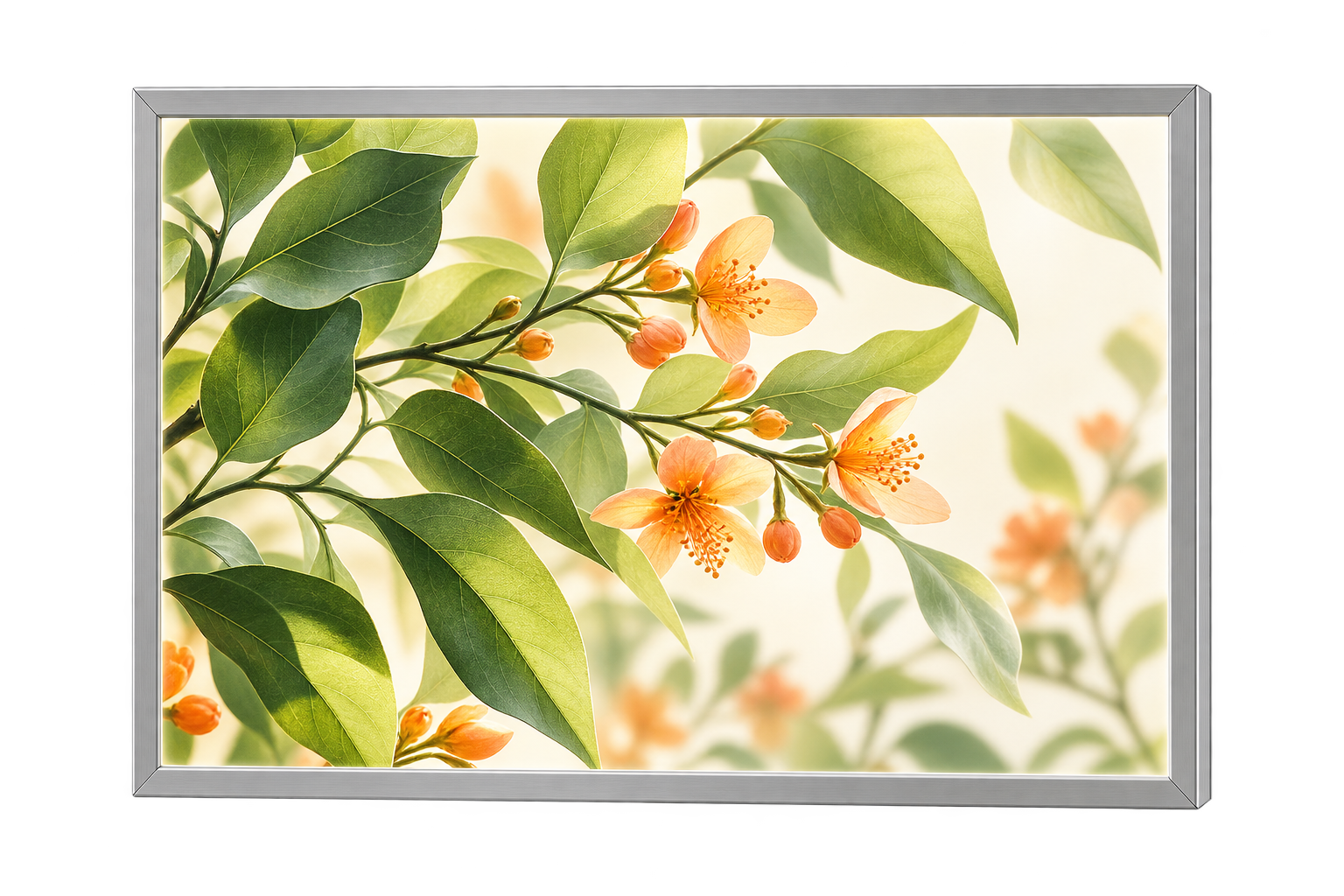 Silver MC Series frame with botanical display artwork, AI visualization