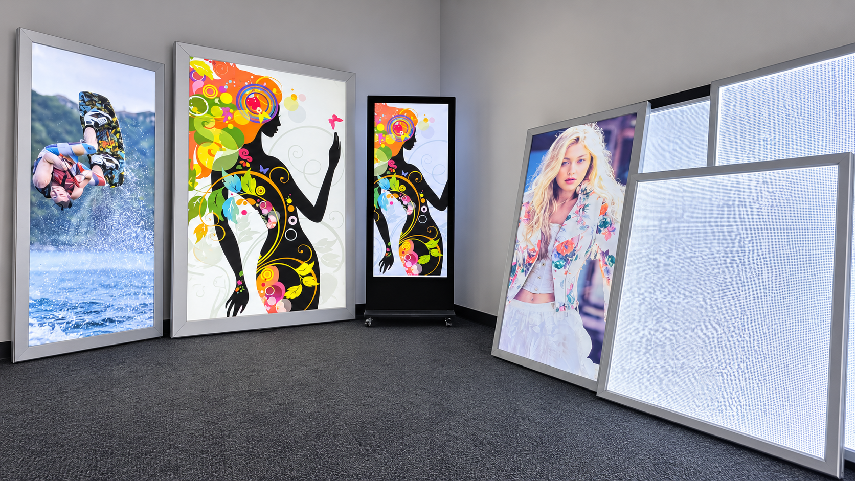 Illuminated light-box displays in our office, retouched photograph
