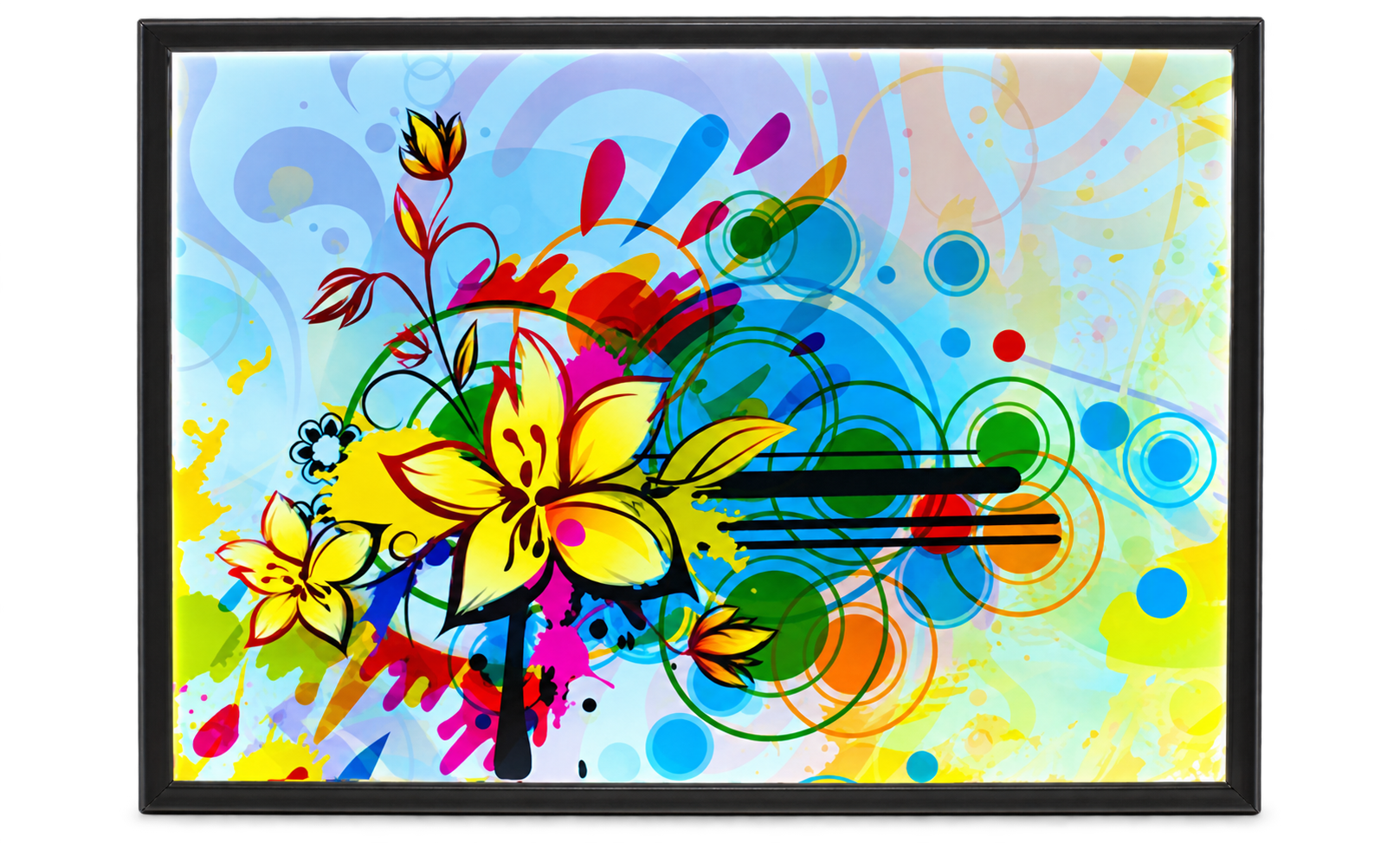 Black single-sided light box with colorful floral artwork, AI-restored catalog photo