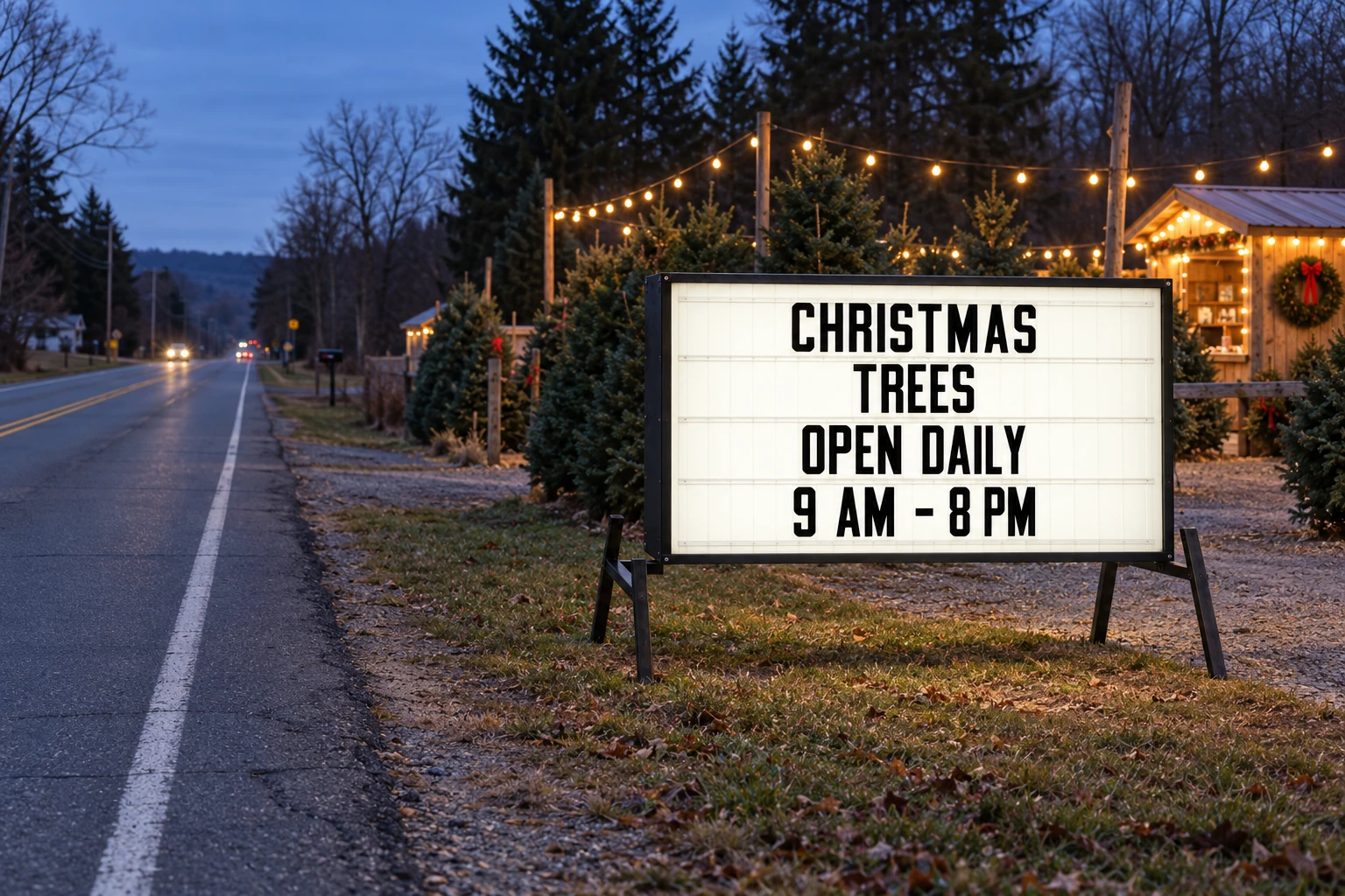 Illuminated Deluxe Reader Board facing approaching traffic beside a Christmas-tree lot at dusk
