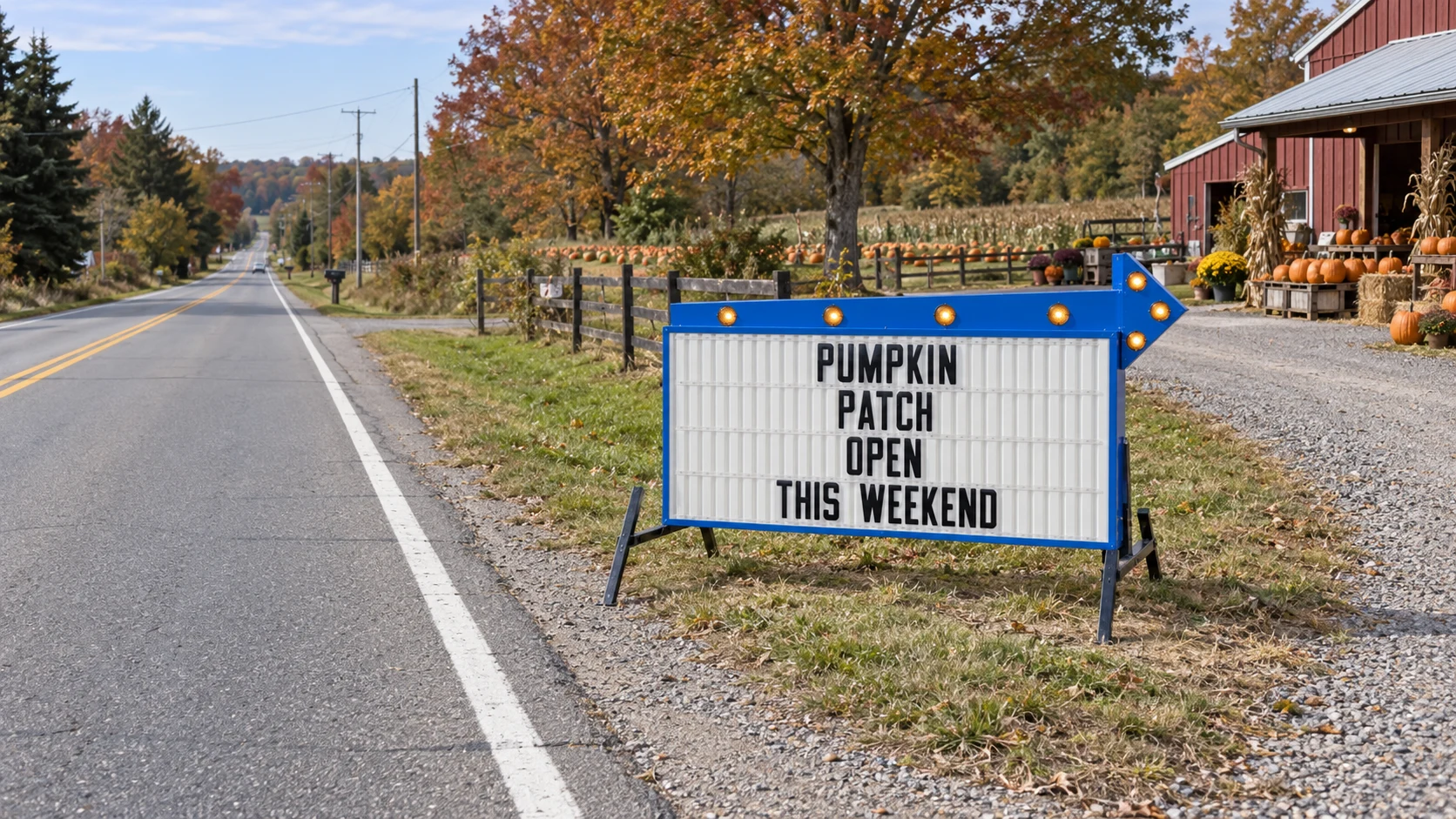 Blue Headliner Arrow sign facing approaching traffic and pointing right into a pumpkin-patch driveway