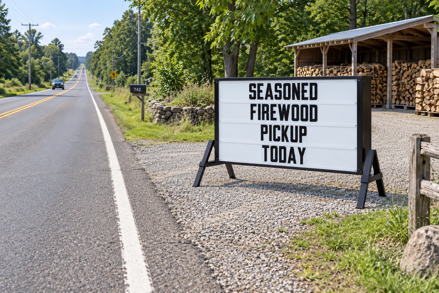 Black Standard Reader Board facing approaching traffic beside a firewood business driveway